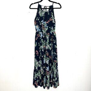 Maison Jules Maxi Dress Navy Floral Halter Neck Ruffle Hem 0 XS